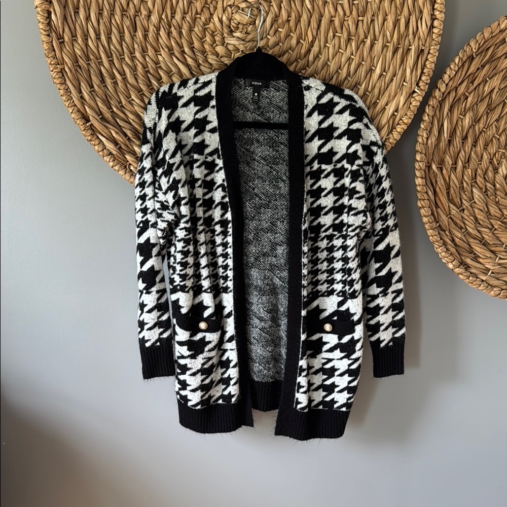 Aqua Black and White Houndstooth Cardigan Sweater
